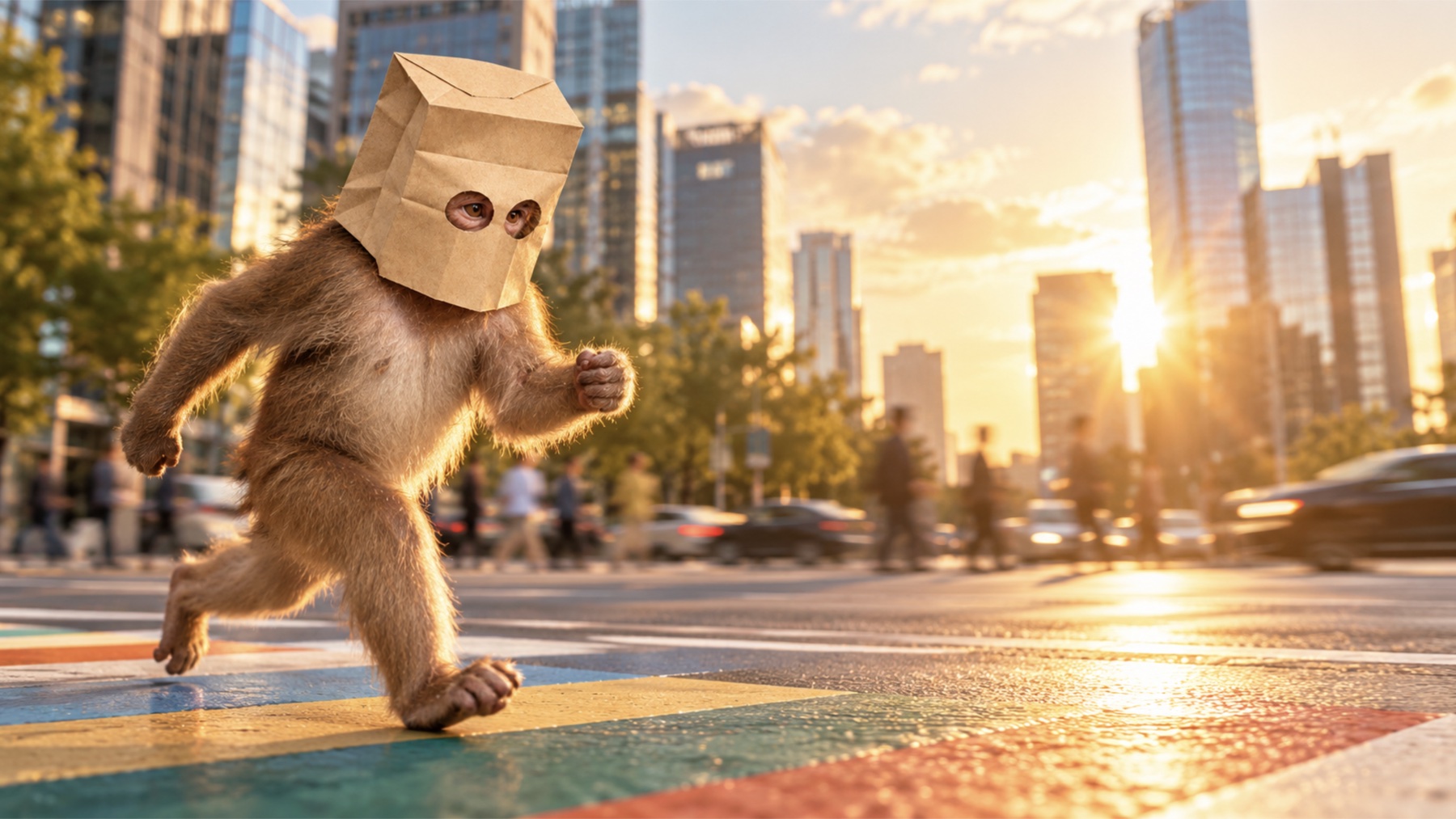 ZAPE running through the city at sunset