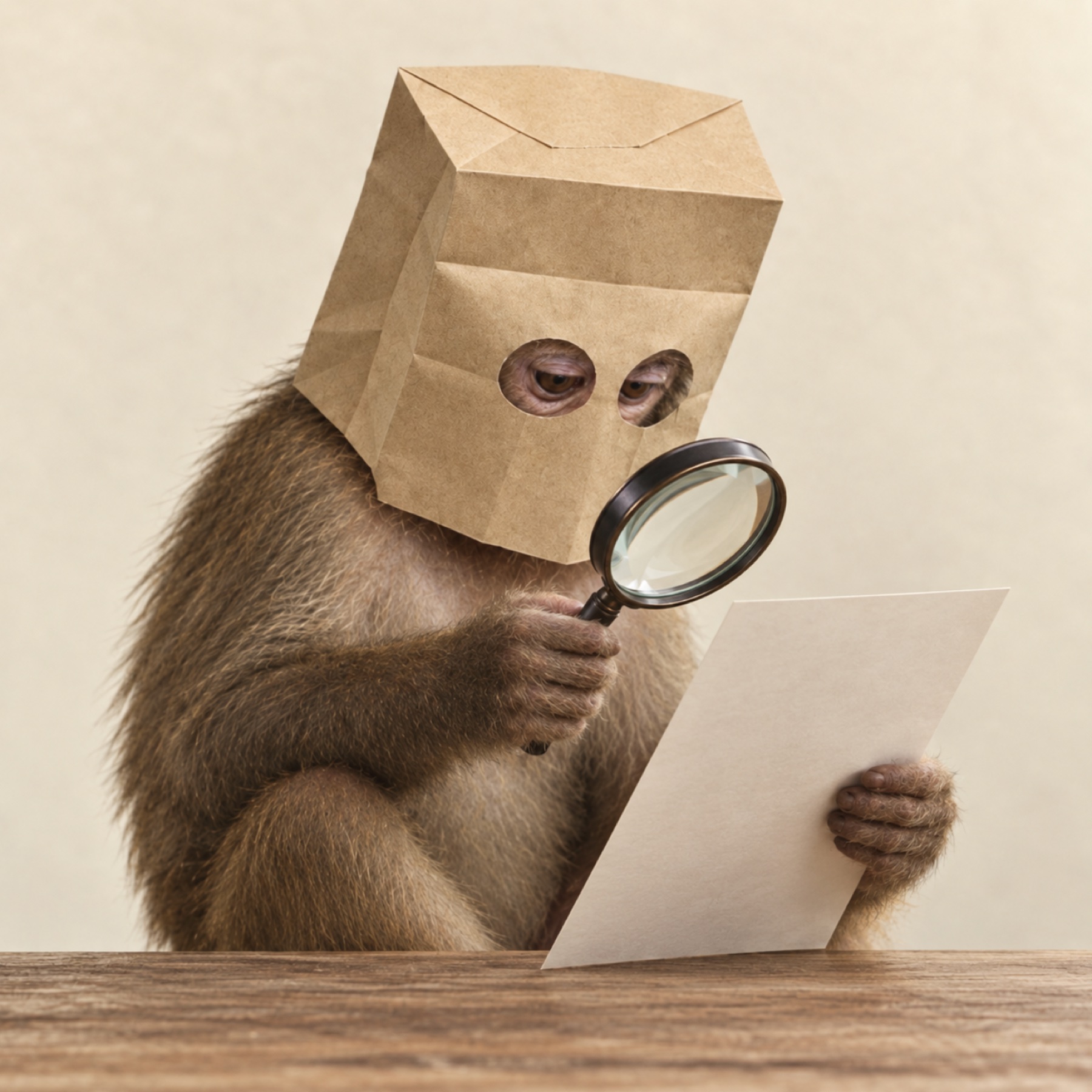 ZAPE inspecting a mysterious document with a magnifying glass